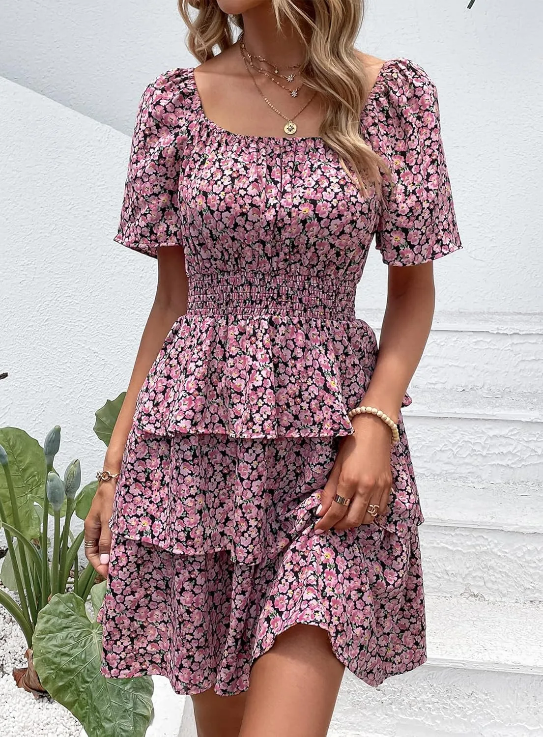PRETTYGARDEN Women's 2025 Floral Summer Short Dress Square Neck Short Sleeve Tiered Ruffle Boho Swing Dresses