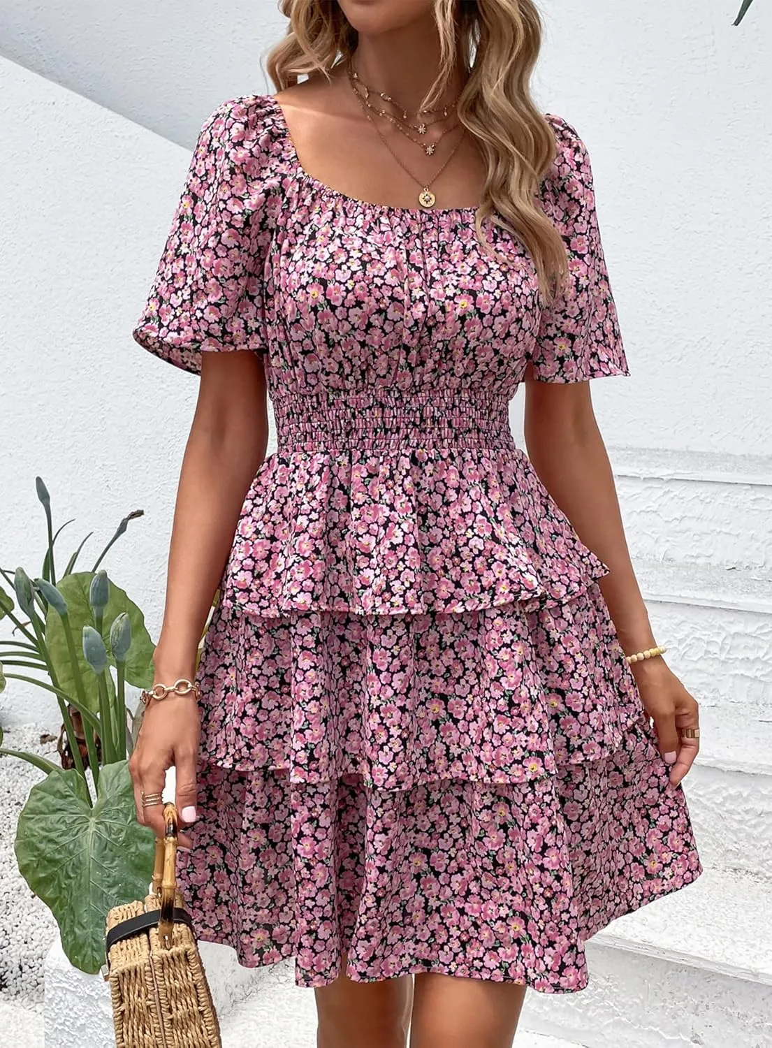 PRETTYGARDEN Women's 2025 Floral Summer Short Dress Square Neck Short Sleeve Tiered Ruffle Boho Swing Dresses