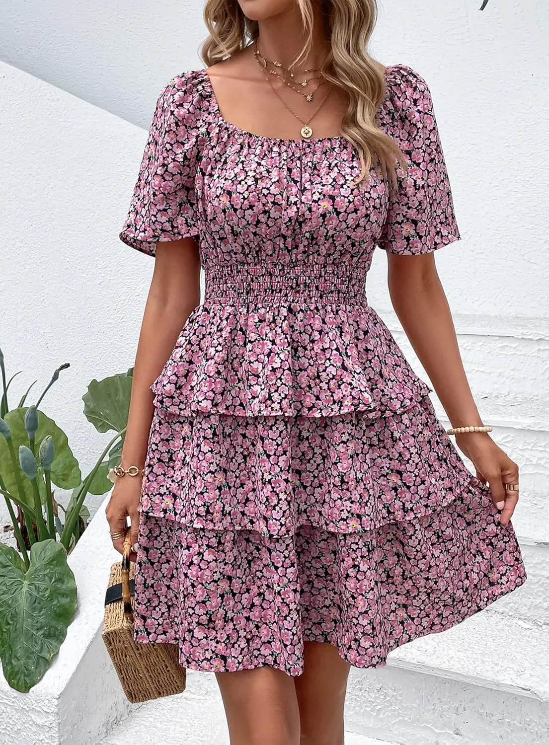 PRETTYGARDEN Women's 2025 Floral Summer Short Dress Square Neck Short Sleeve Tiered Ruffle Boho Swing Dresses