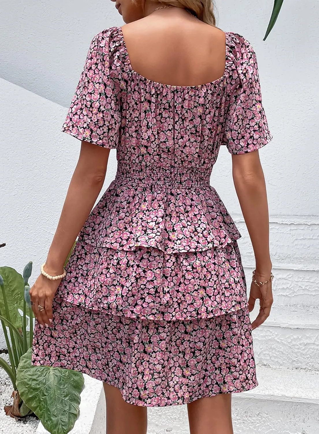 PRETTYGARDEN Women's 2025 Floral Summer Short Dress Square Neck Short Sleeve Tiered Ruffle Boho Swing Dresses