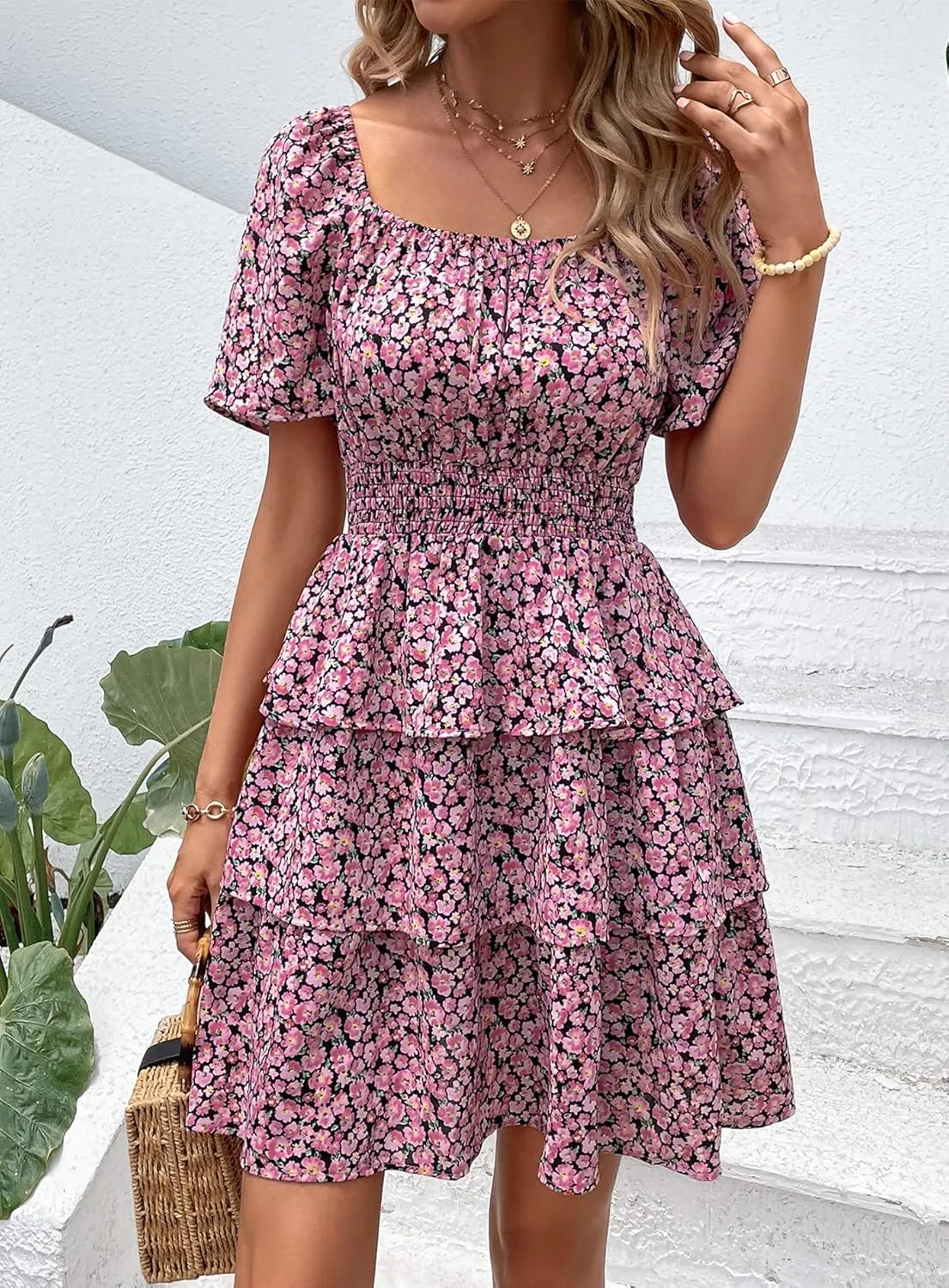 PRETTYGARDEN Women's 2025 Floral Summer Short Dress Square Neck Short Sleeve Tiered Ruffle Boho Swing Dresses