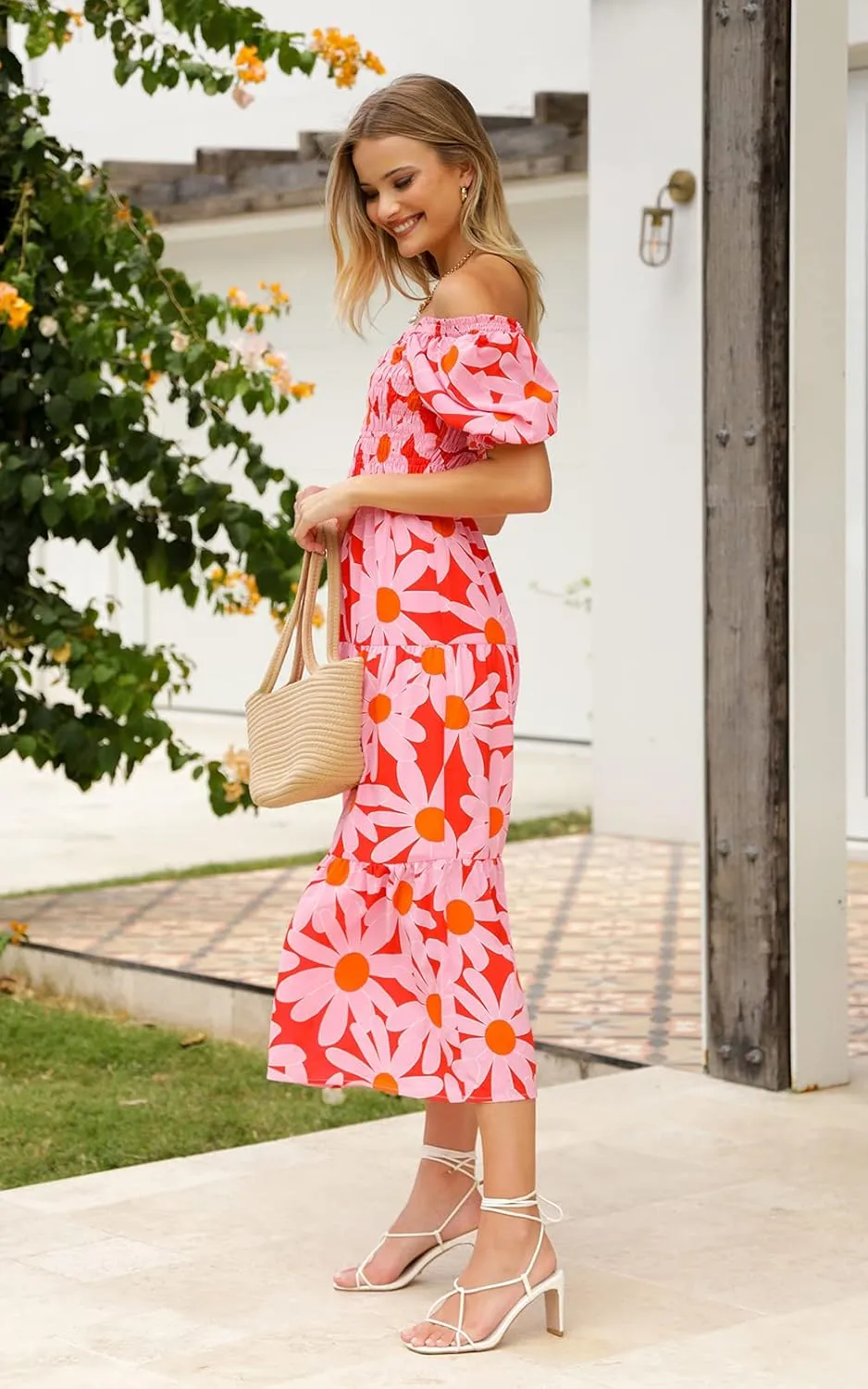 PRETTYGARDEN Women's Boho Floral Print Summer Dresses Square Neck Puff Sleeve A Line Long Dress Smocked Casual Maxi Dress