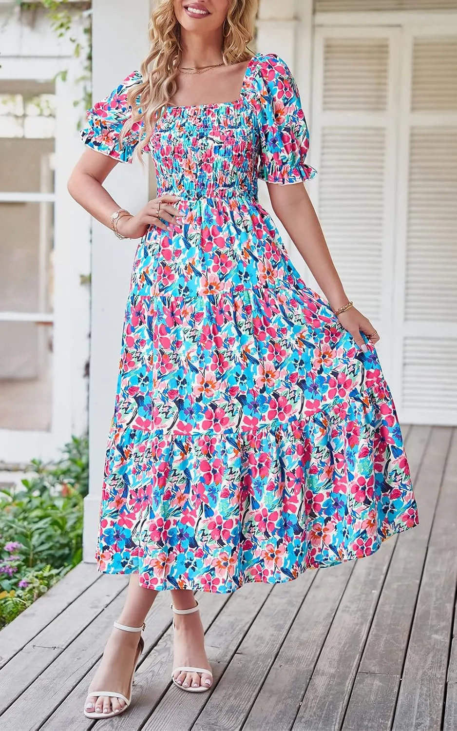 PRETTYGARDEN Women's Boho Floral Print Summer Dresses Square Neck Puff Sleeve A Line Long Dress Smocked Casual Maxi Dress