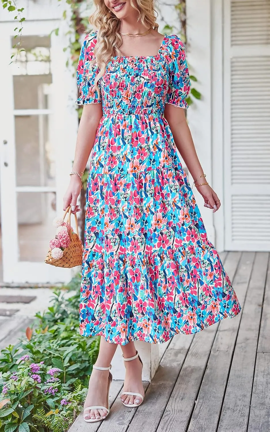 PRETTYGARDEN Women's Boho Floral Print Summer Dresses Square Neck Puff Sleeve A Line Long Dress Smocked Casual Maxi Dress