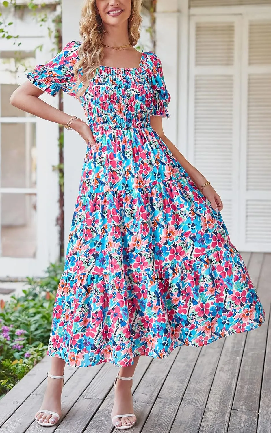 PRETTYGARDEN Women's Boho Floral Print Summer Dresses Square Neck Puff Sleeve A Line Long Dress Smocked Casual Maxi Dress