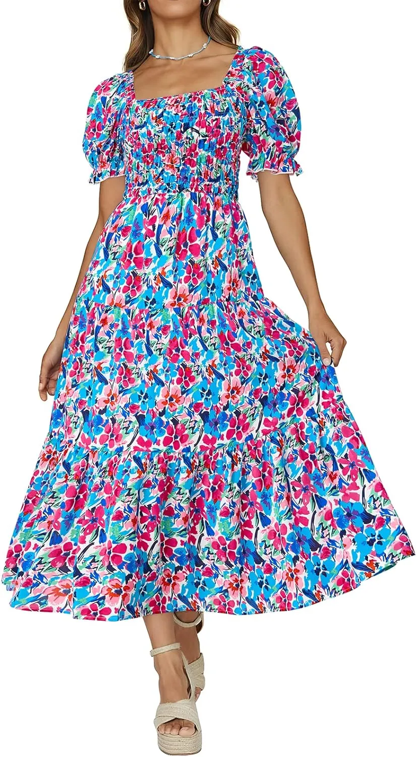 PRETTYGARDEN Women's Boho Floral Print Summer Dresses Square Neck Puff Sleeve A Line Long Dress Smocked Casual Maxi Dress