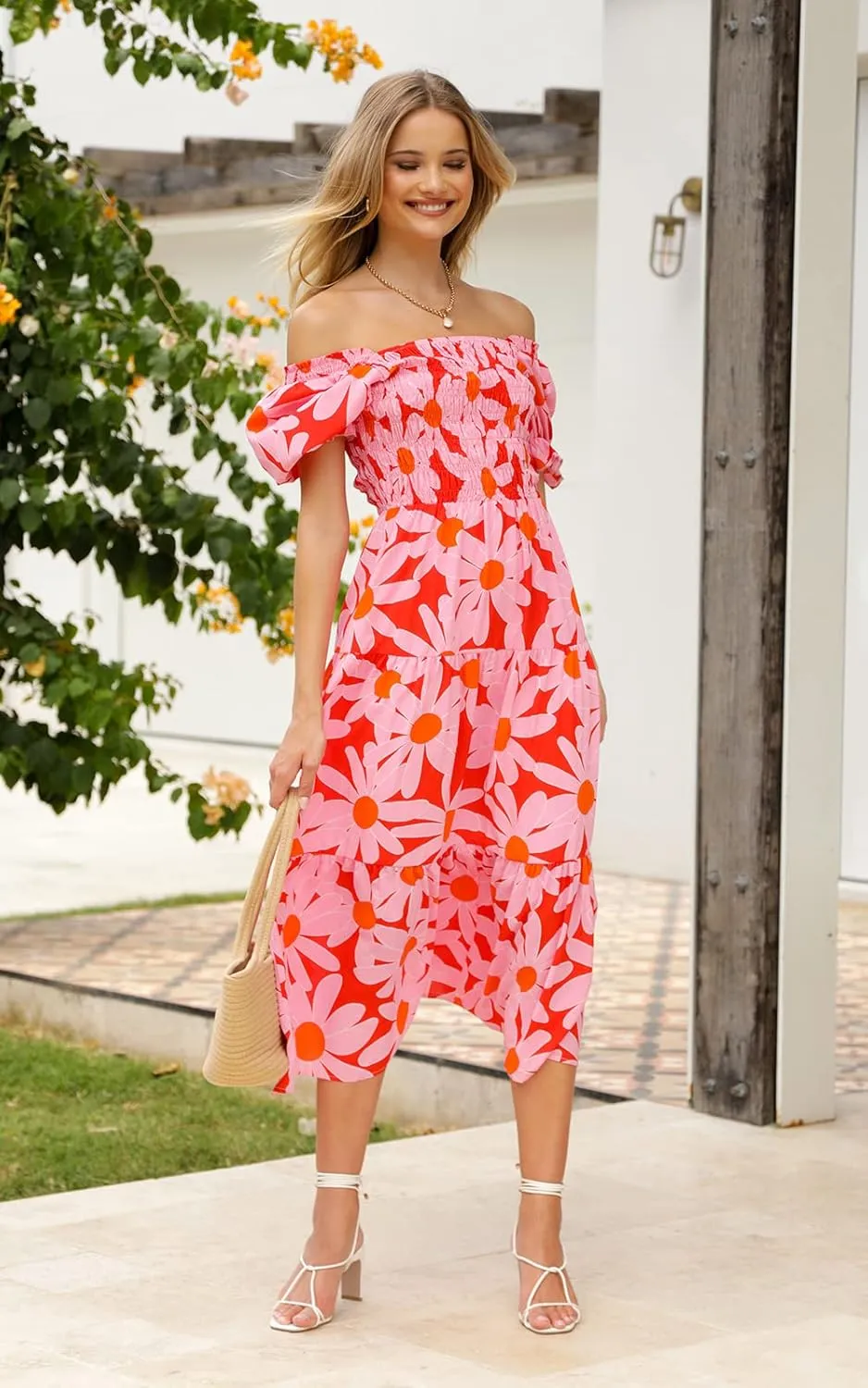 PRETTYGARDEN Women's Boho Floral Print Summer Dresses Square Neck Puff Sleeve A Line Long Dress Smocked Casual Maxi Dress