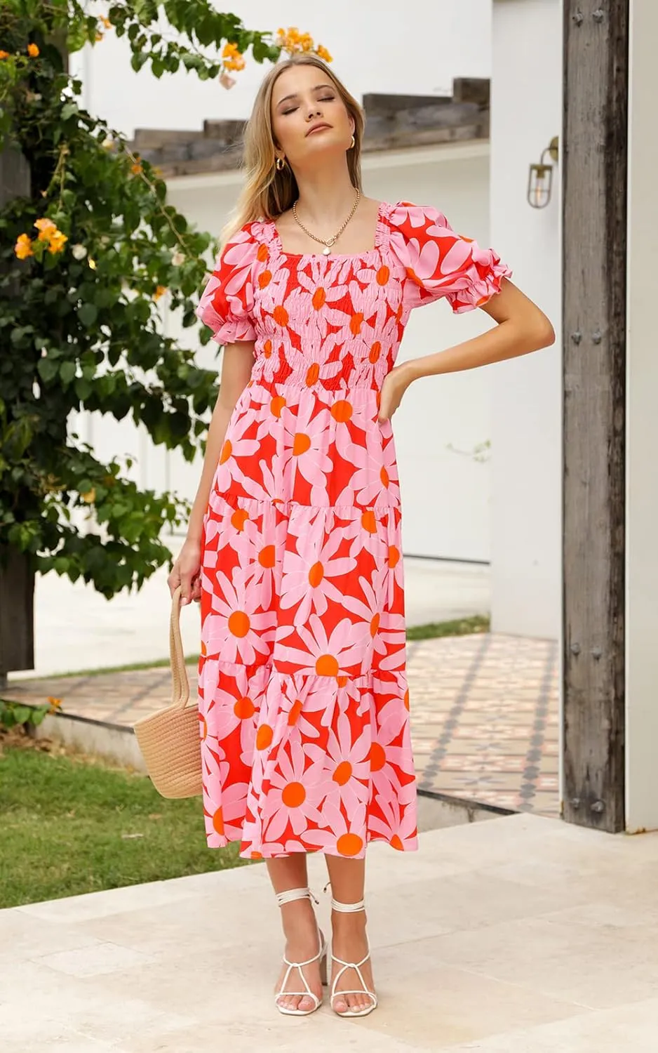 PRETTYGARDEN Women's Boho Floral Print Summer Dresses Square Neck Puff Sleeve A Line Long Dress Smocked Casual Maxi Dress