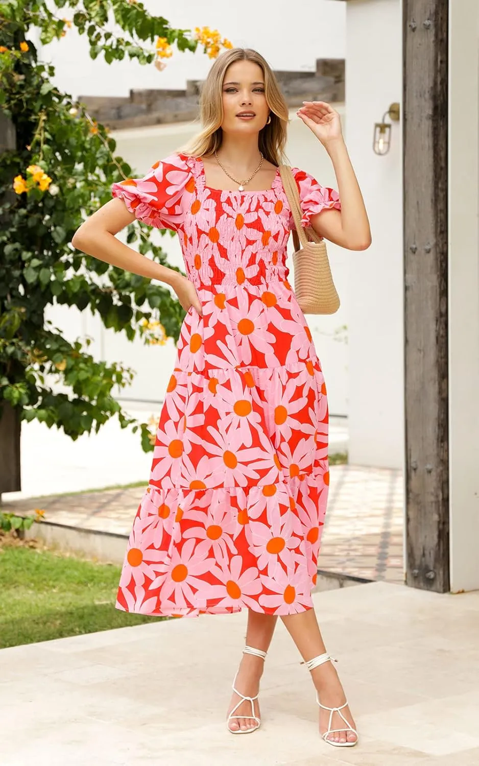 PRETTYGARDEN Women's Boho Floral Print Summer Dresses Square Neck Puff Sleeve A Line Long Dress Smocked Casual Maxi Dress