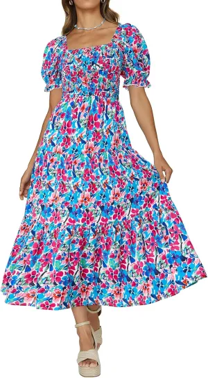 PRETTYGARDEN Women's Boho Floral Print Summer Dresses Square Neck Puff Sleeve A Line Long Dress Smocked Casual Maxi Dress