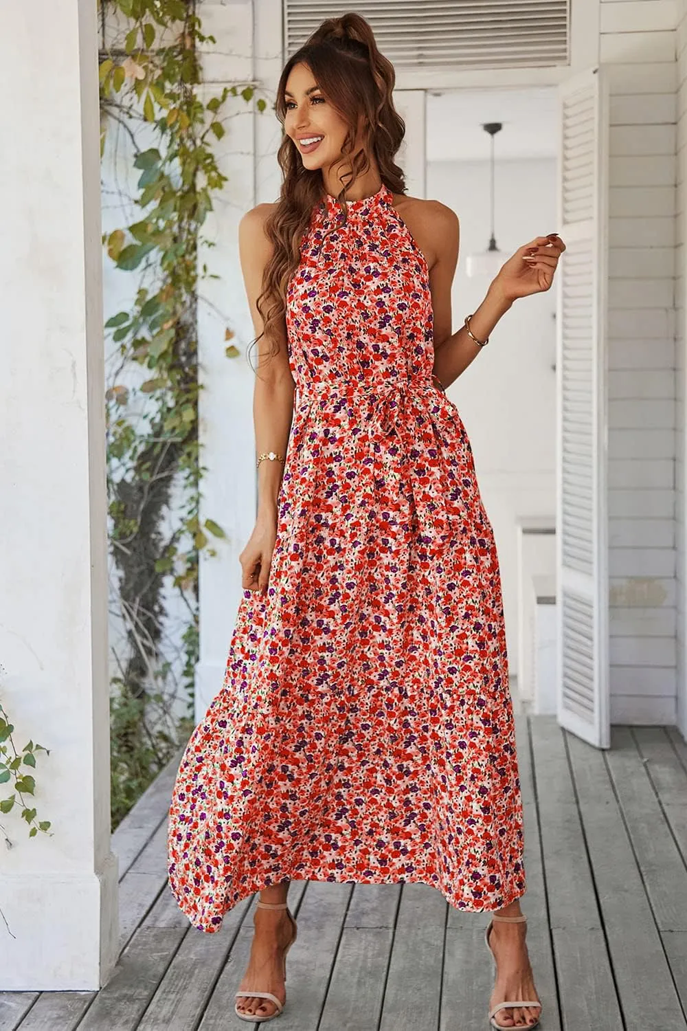 PRETTYGARDEN Women's Summer Floral Maxi Sun Dress Sleeveless Halter Neck Flowy Ruffle Hem Long Boho Dresses with Belt