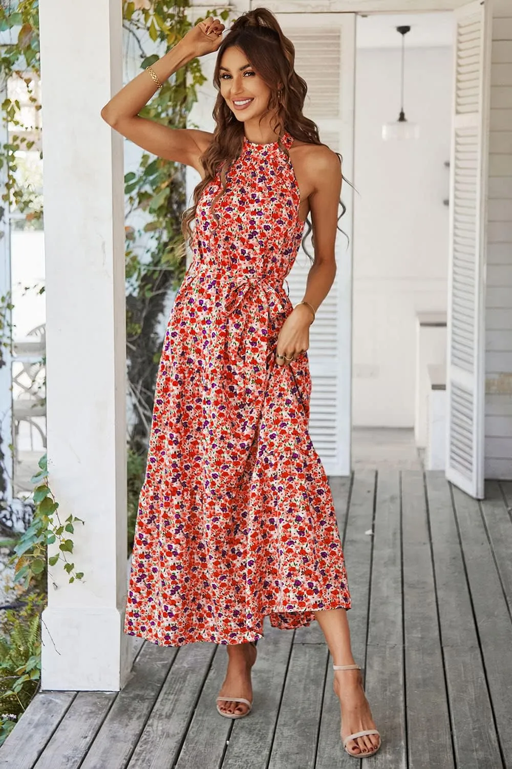 PRETTYGARDEN Women's Summer Floral Maxi Sun Dress Sleeveless Halter Neck Flowy Ruffle Hem Long Boho Dresses with Belt