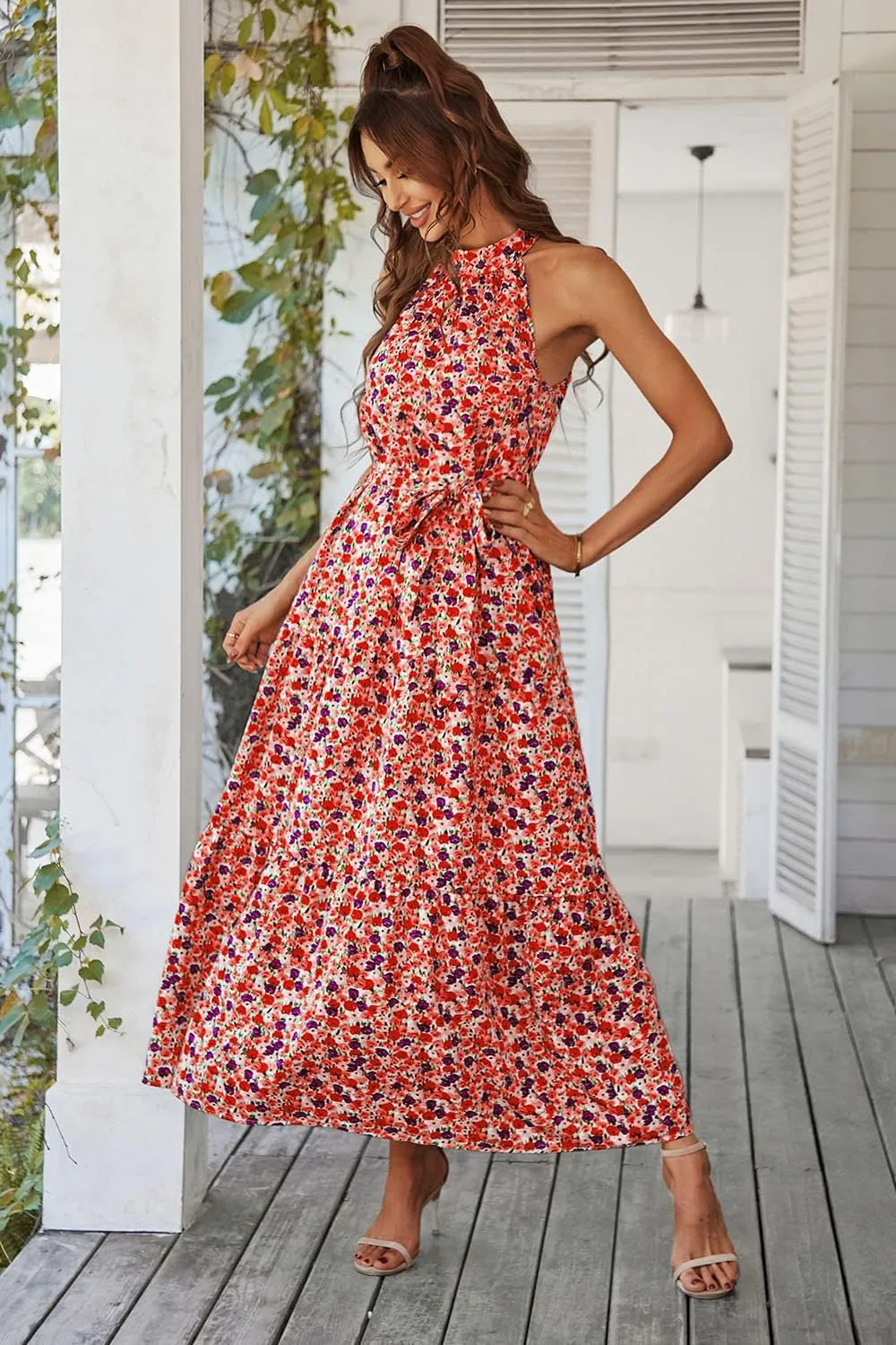 PRETTYGARDEN Women's Summer Floral Maxi Sun Dress Sleeveless Halter Neck Flowy Ruffle Hem Long Boho Dresses with Belt