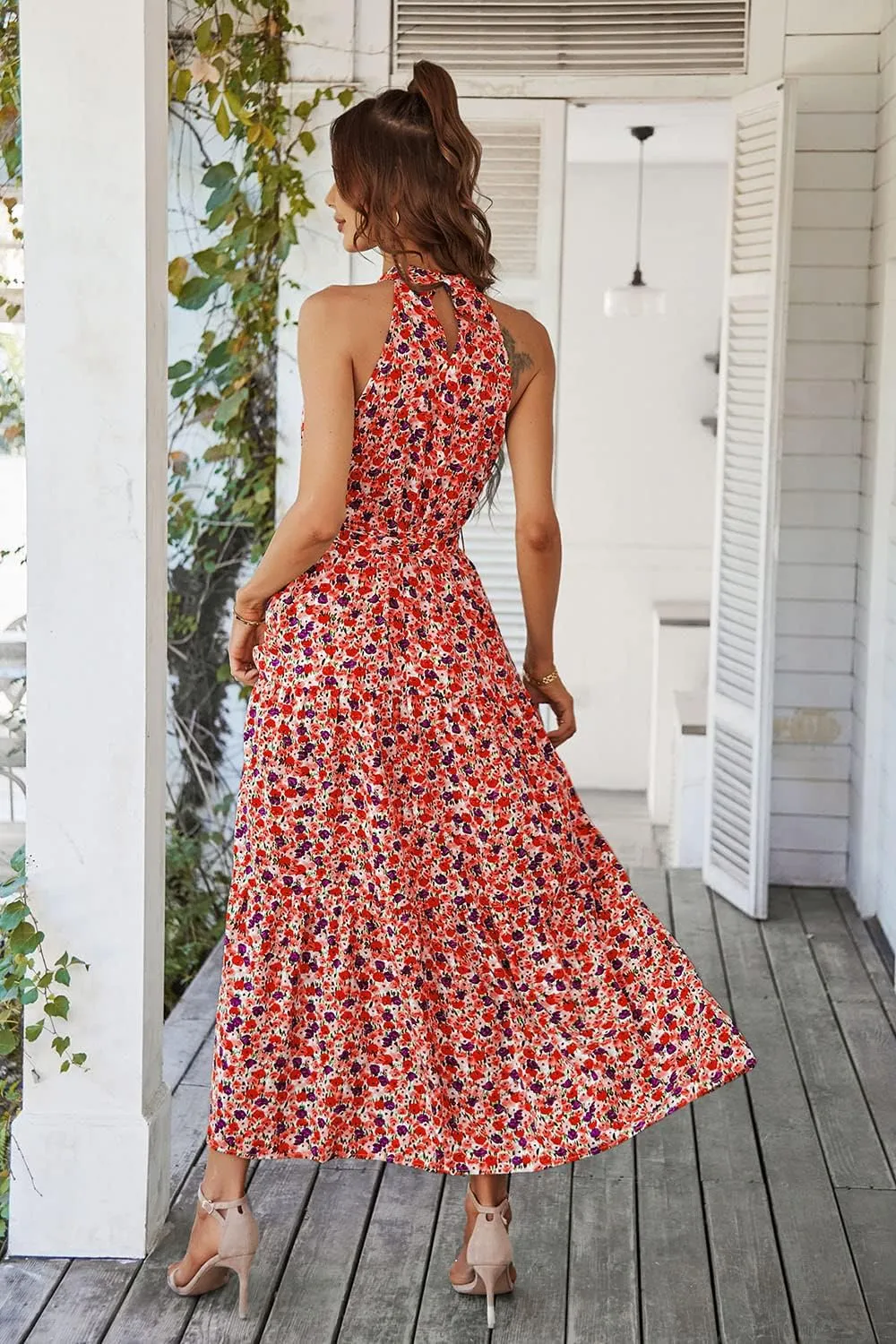 PRETTYGARDEN Women's Summer Floral Maxi Sun Dress Sleeveless Halter Neck Flowy Ruffle Hem Long Boho Dresses with Belt