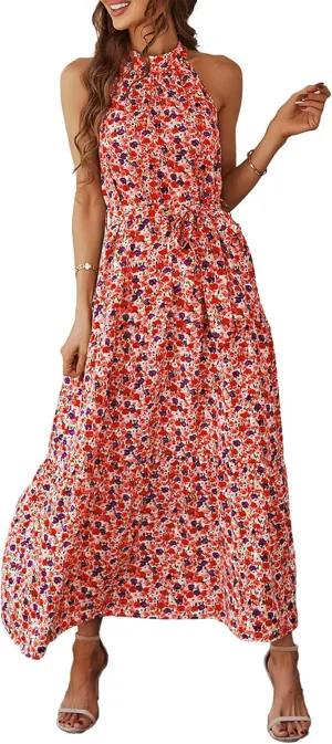 PRETTYGARDEN Women's Summer Floral Maxi Sun Dress Sleeveless Halter Neck Flowy Ruffle Hem Long Boho Dresses with Belt