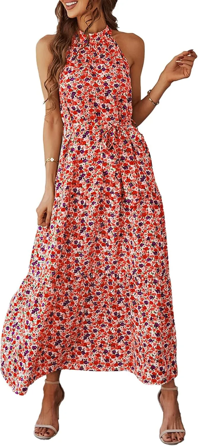 PRETTYGARDEN Women's Summer Floral Maxi Sun Dress Sleeveless Halter Neck Flowy Ruffle Hem Long Boho Dresses with Belt
