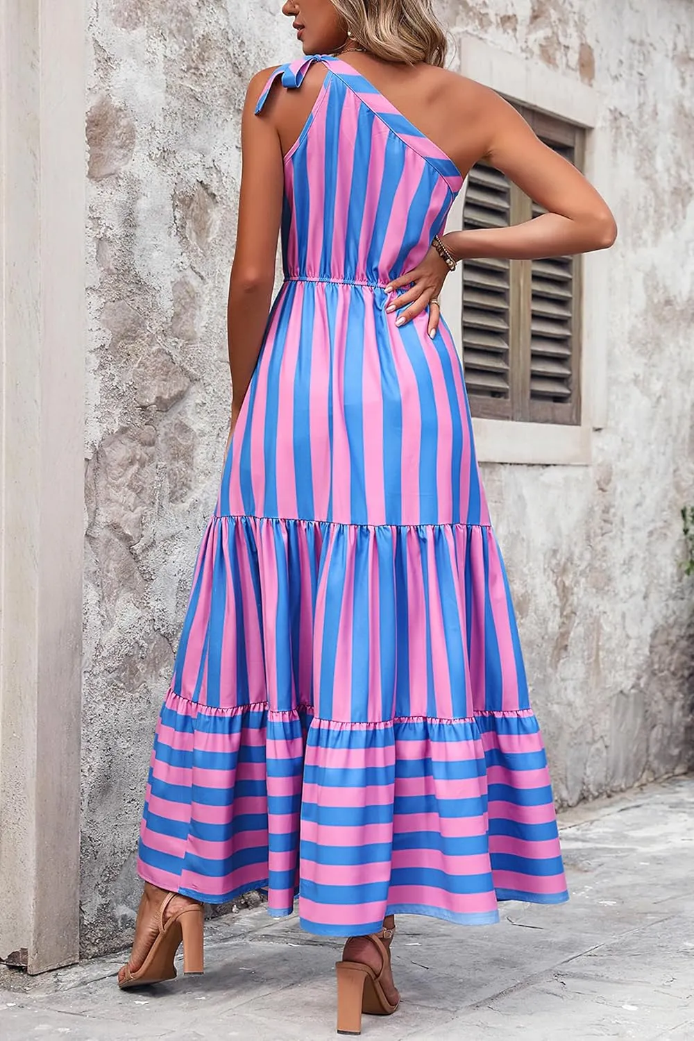 PRETTYGARDEN Women's Summer Floral One Shoulder Maxi Dress Knot Ruffle Boho Beach Vacation Wedding Guest Long Dresses