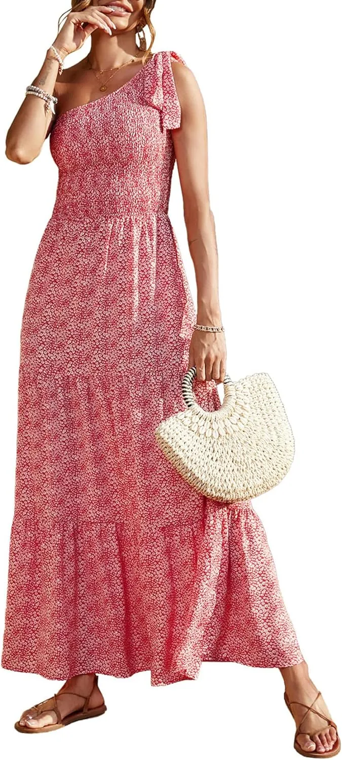 PRETTYGARDEN Women's Summer Floral One Shoulder Maxi Dress Knot Ruffle Boho Beach Vacation Wedding Guest Long Dresses