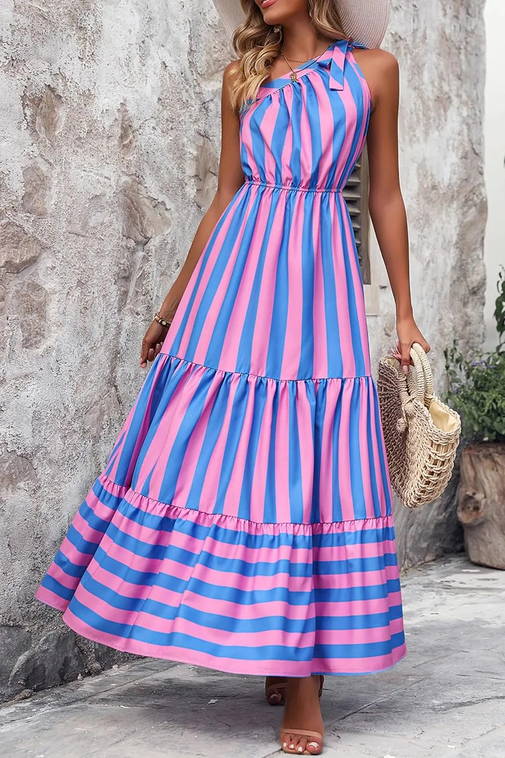 PRETTYGARDEN Women's Summer Floral One Shoulder Maxi Dress Knot Ruffle Boho Beach Vacation Wedding Guest Long Dresses