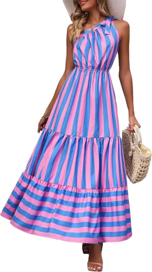 PRETTYGARDEN Women's Summer Floral One Shoulder Maxi Dress Knot Ruffle Boho Beach Vacation Wedding Guest Long Dresses