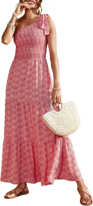 PRETTYGARDEN Women's Summer Floral One Shoulder Maxi Dress Knot Ruffle Boho Beach Vacation Wedding Guest Long Dresses
