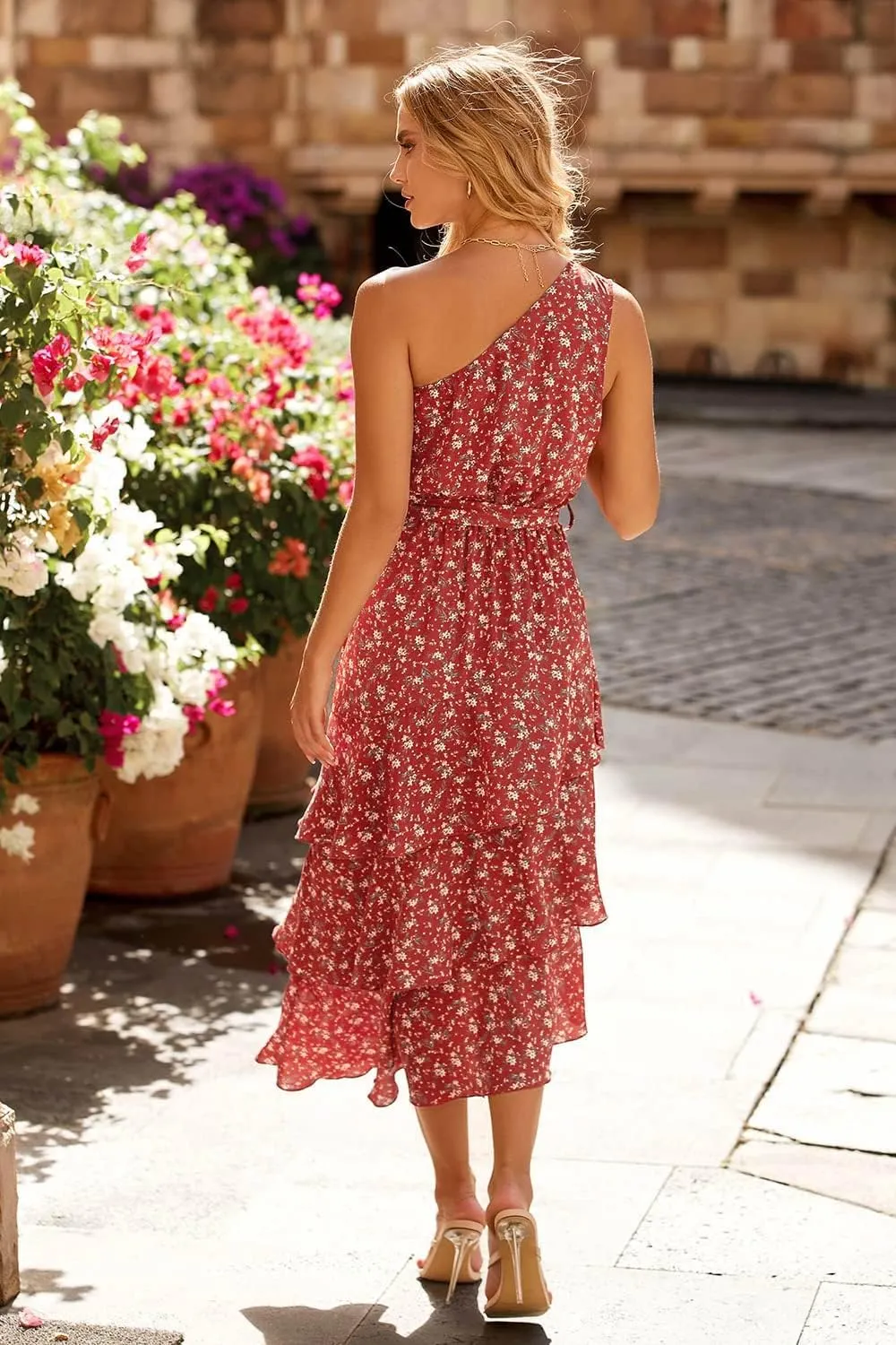 PRETTYGARDEN Women's Summer Floral Sundress Casual One Shoulder Tiered Ruffle Flowy Midi Beach Boho Dresses