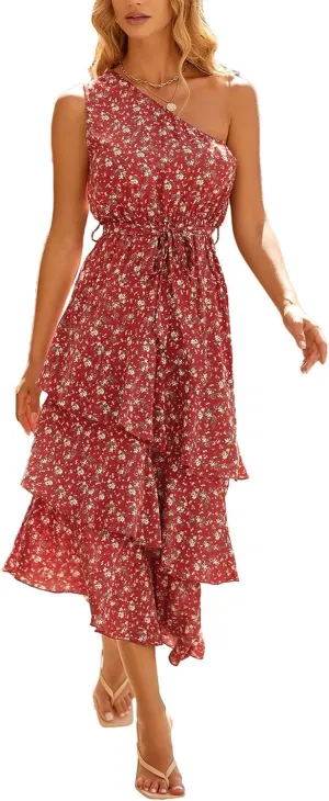 PRETTYGARDEN Women's Summer Floral Sundress Casual One Shoulder Tiered Ruffle Flowy Midi Beach Boho Dresses