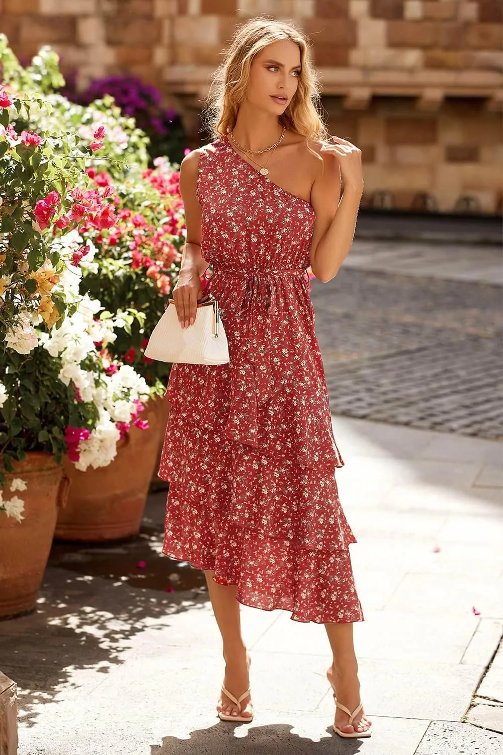 PRETTYGARDEN Women's Summer Floral Sundress Casual One Shoulder Tiered Ruffle Flowy Midi Beach Boho Dresses