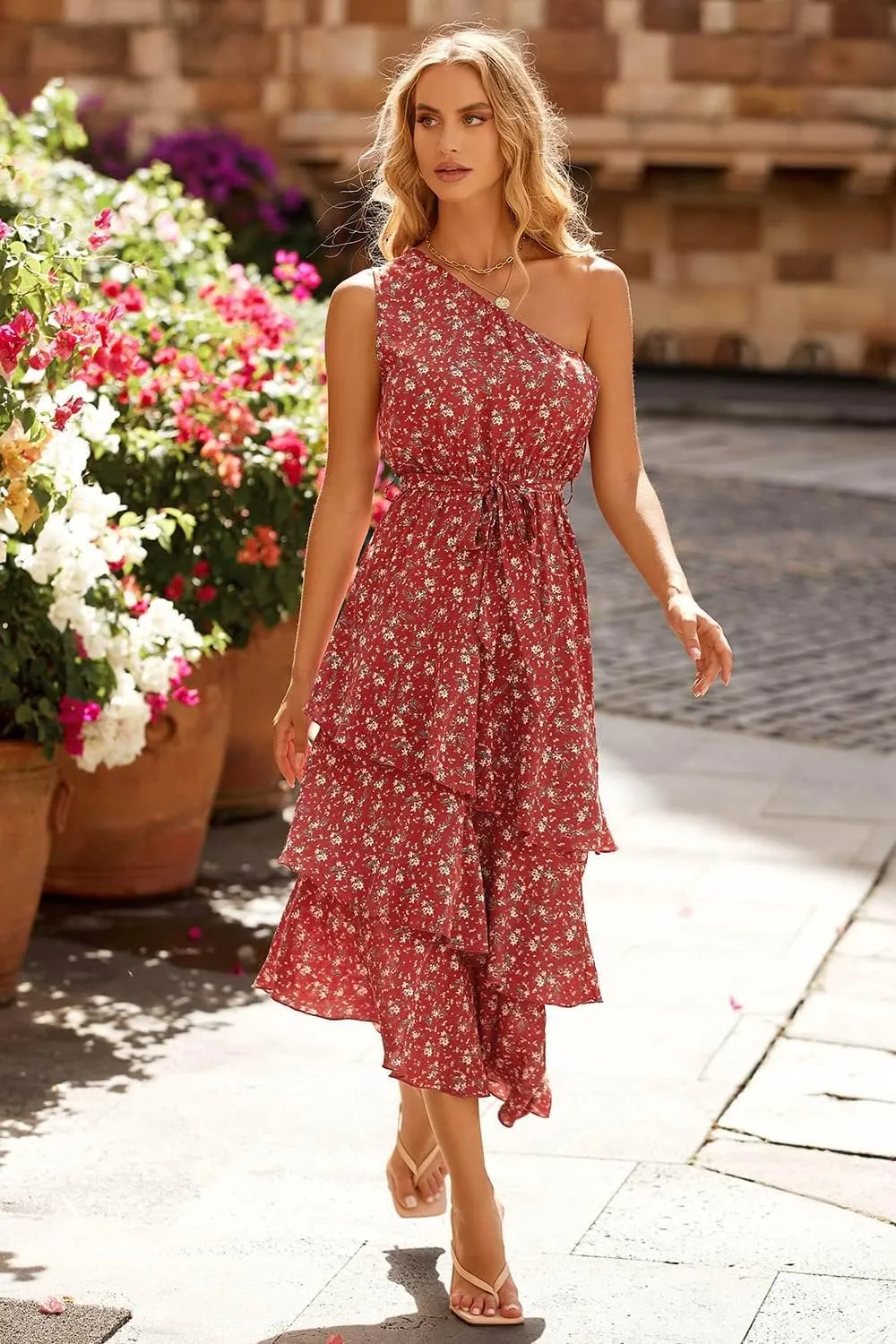 PRETTYGARDEN Women's Summer Floral Sundress Casual One Shoulder Tiered Ruffle Flowy Midi Beach Boho Dresses