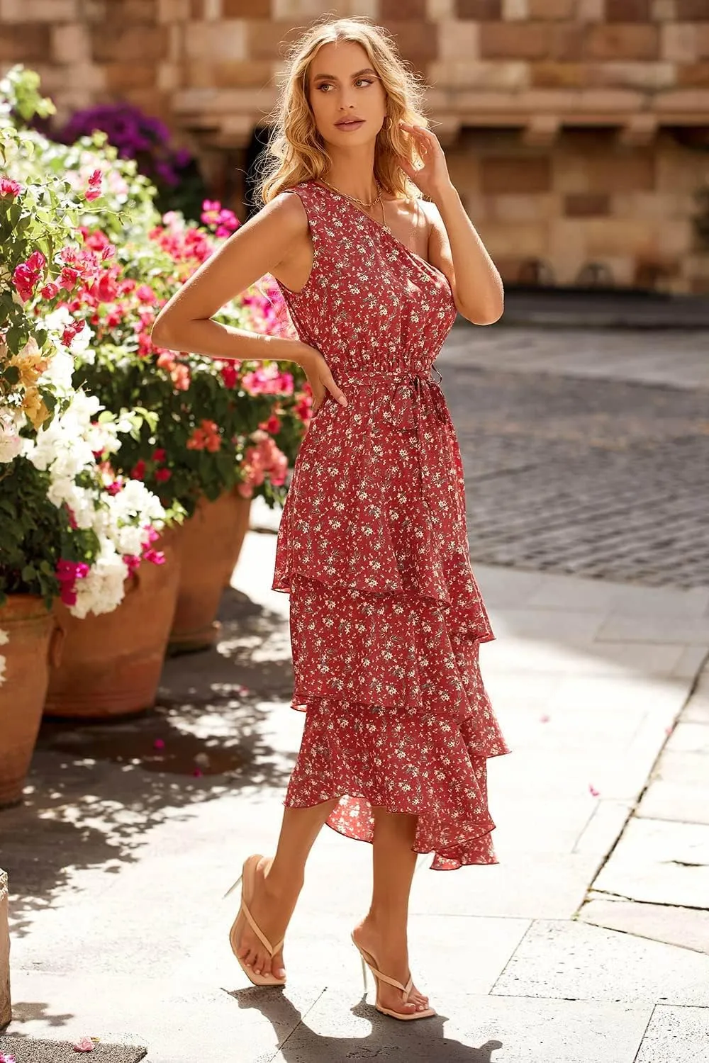 PRETTYGARDEN Women's Summer Floral Sundress Casual One Shoulder Tiered Ruffle Flowy Midi Beach Boho Dresses