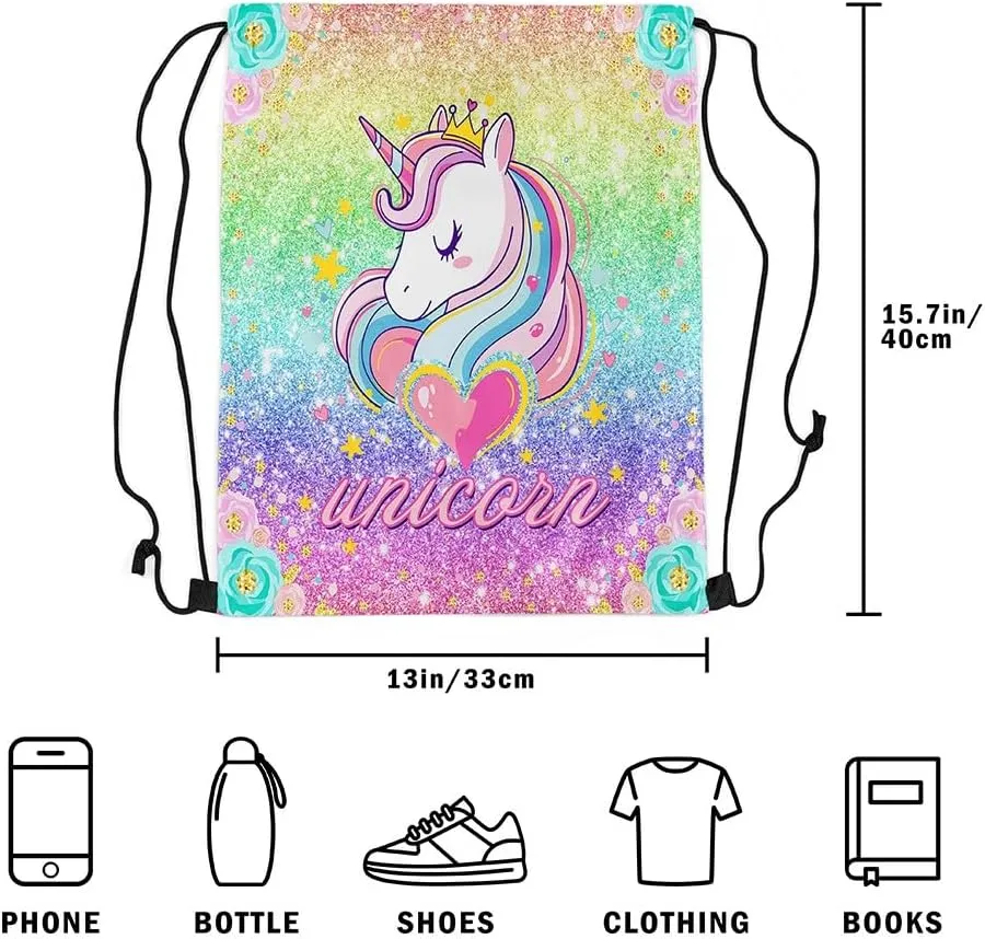 Princess Unicorn Waterproof Drawstrings Backpacks,Starry Rainbow Sequins Glitter Bags for Shopping Travelling,Dreamy Animal Love Hearts Flowers Fantasy Sackpacks Gym Swim Packs Daypack
