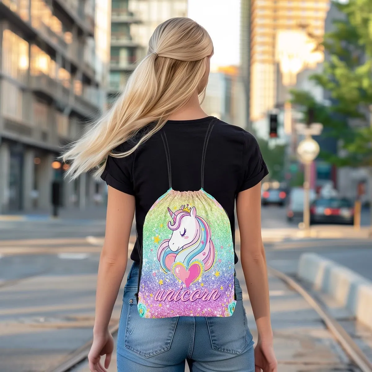 Princess Unicorn Waterproof Drawstrings Backpacks,Starry Rainbow Sequins Glitter Bags for Shopping Travelling,Dreamy Animal Love Hearts Flowers Fantasy Sackpacks Gym Swim Packs Daypack