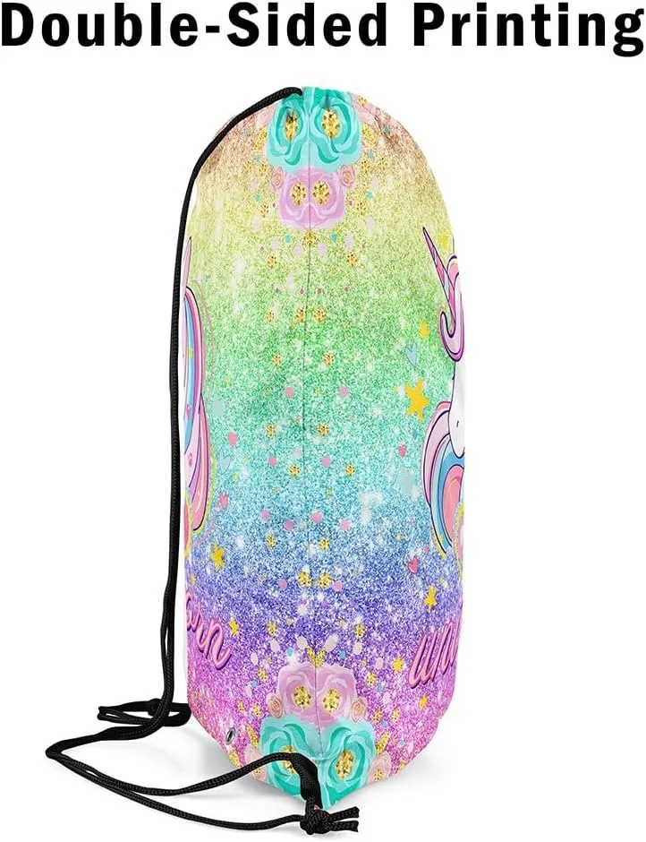 Princess Unicorn Waterproof Drawstrings Backpacks,Starry Rainbow Sequins Glitter Bags for Shopping Travelling,Dreamy Animal Love Hearts Flowers Fantasy Sackpacks Gym Swim Packs Daypack