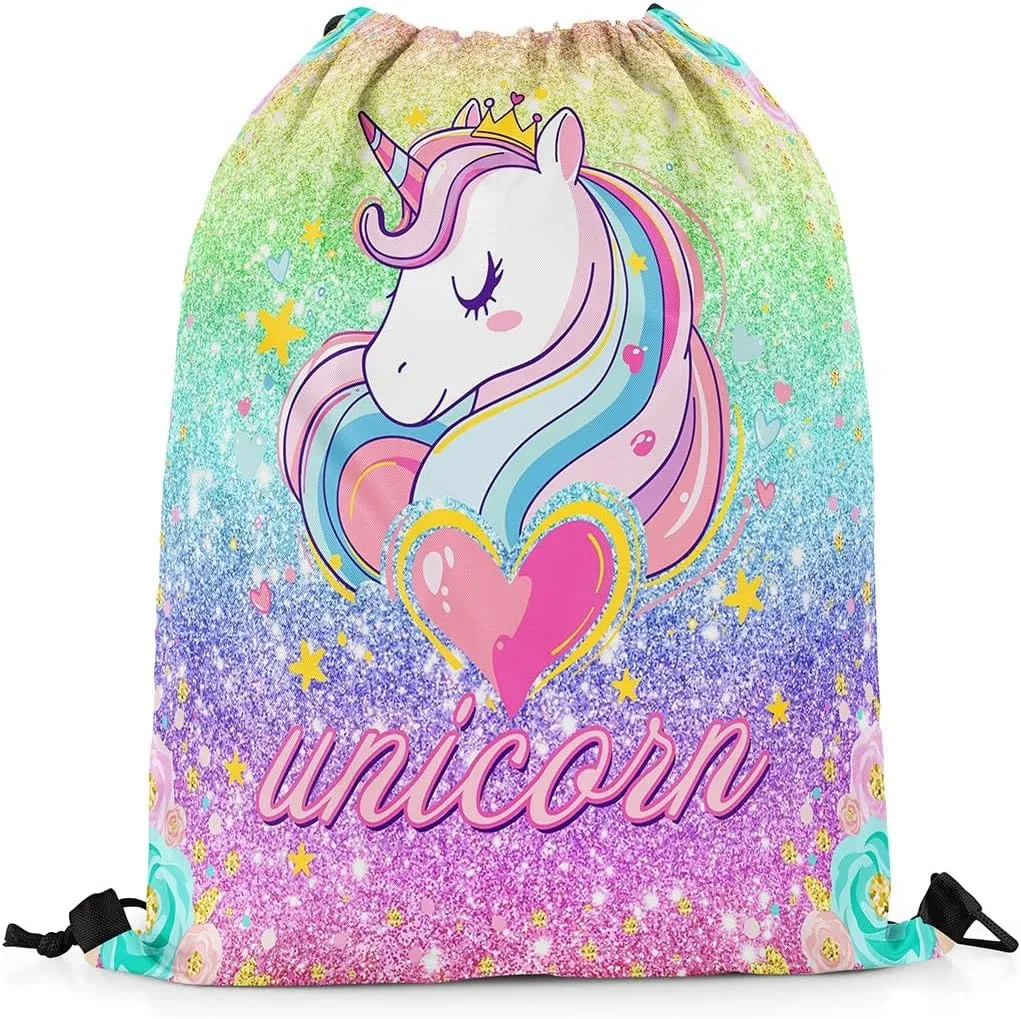 Princess Unicorn Waterproof Drawstrings Backpacks,Starry Rainbow Sequins Glitter Bags for Shopping Travelling,Dreamy Animal Love Hearts Flowers Fantasy Sackpacks Gym Swim Packs Daypack
