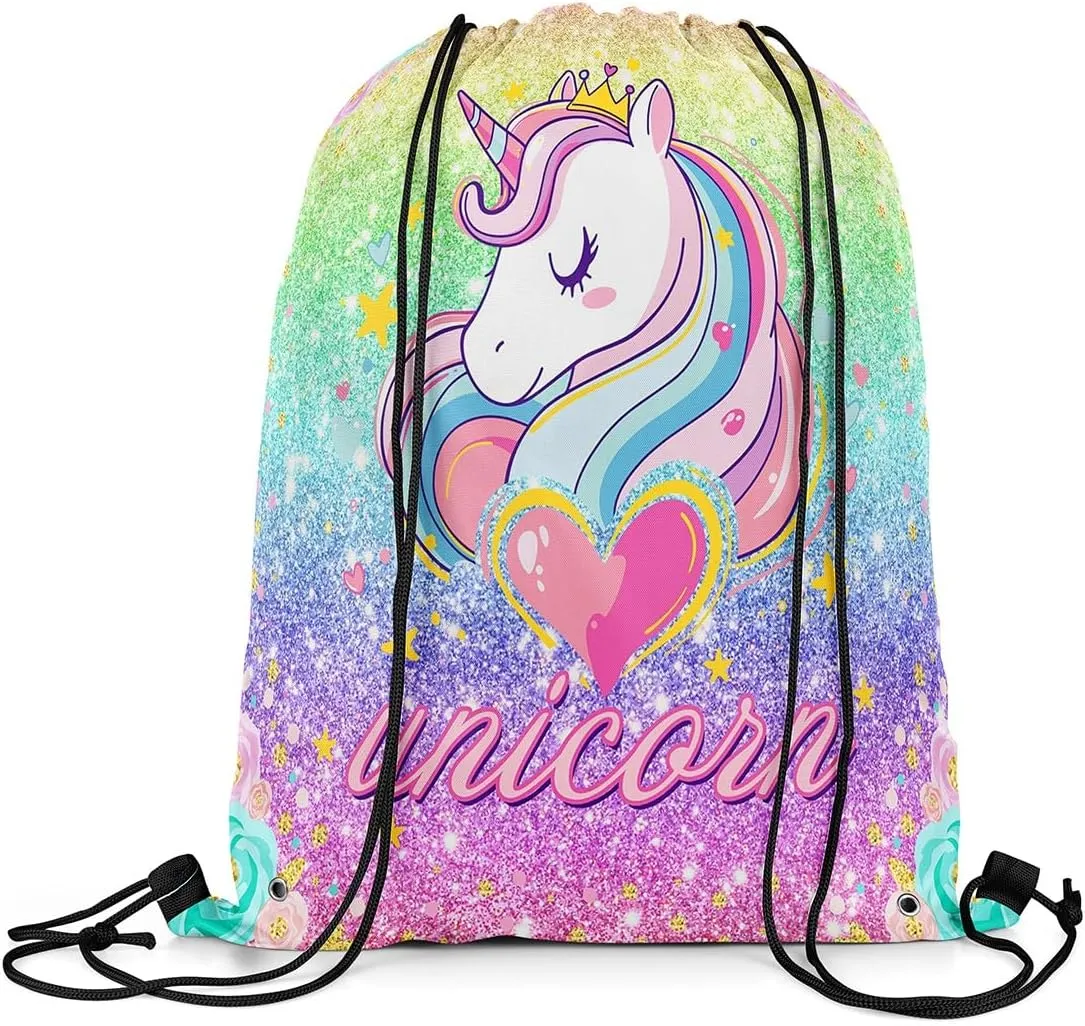 Princess Unicorn Waterproof Drawstrings Backpacks,Starry Rainbow Sequins Glitter Bags for Shopping Travelling,Dreamy Animal Love Hearts Flowers Fantasy Sackpacks Gym Swim Packs Daypack