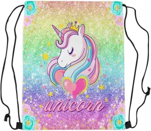 Princess Unicorn Waterproof Drawstrings Backpacks,Starry Rainbow Sequins Glitter Bags for Shopping Travelling,Dreamy Animal Love Hearts Flowers Fantasy Sackpacks Gym Swim Packs Daypack