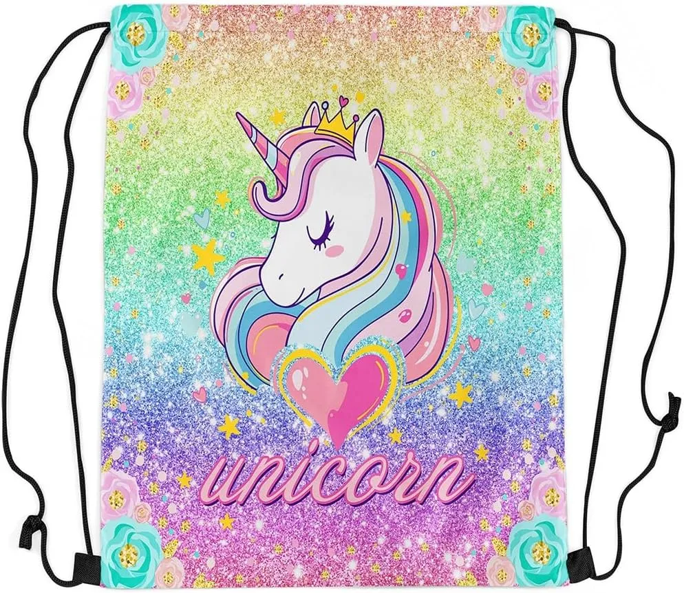 Princess Unicorn Waterproof Drawstrings Backpacks,Starry Rainbow Sequins Glitter Bags for Shopping Travelling,Dreamy Animal Love Hearts Flowers Fantasy Sackpacks Gym Swim Packs Daypack