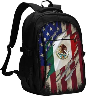 Proud Mexican American Flag Mexican Roots Casual Travel Backpacks Hiking Camping Backpack Large Outdoor Sport Daypack Laptop Rucksack Climbing Working Bags with USB Port