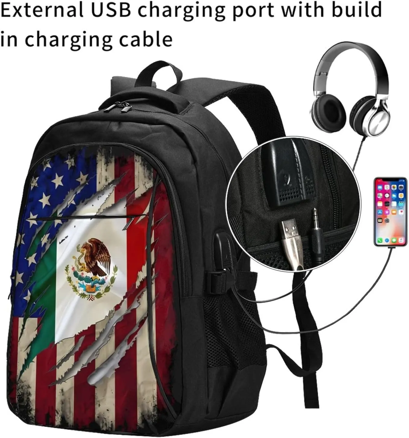 Proud Mexican American Flag Mexican Roots Casual Travel Backpacks Hiking Camping Backpack Large Outdoor Sport Daypack Laptop Rucksack Climbing Working Bags with USB Port