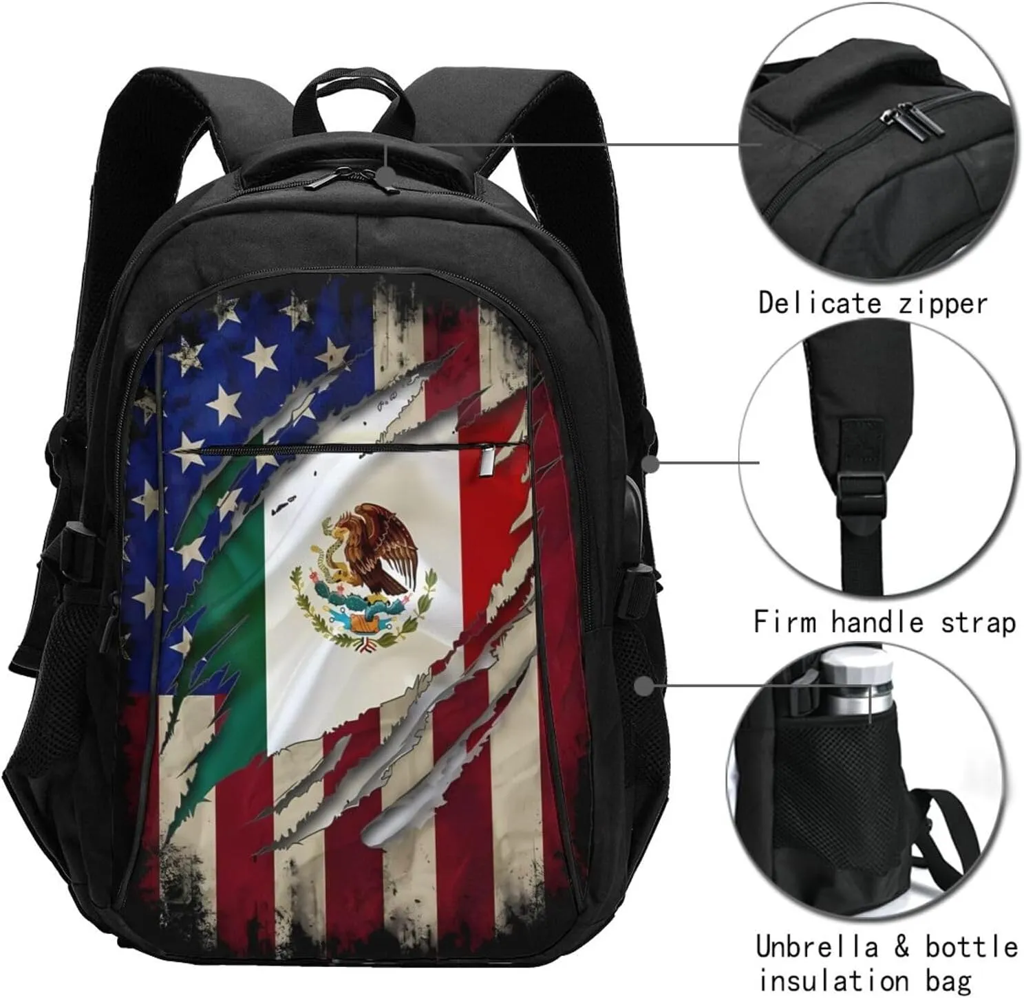 Proud Mexican American Flag Mexican Roots Casual Travel Backpacks Hiking Camping Backpack Large Outdoor Sport Daypack Laptop Rucksack Climbing Working Bags with USB Port