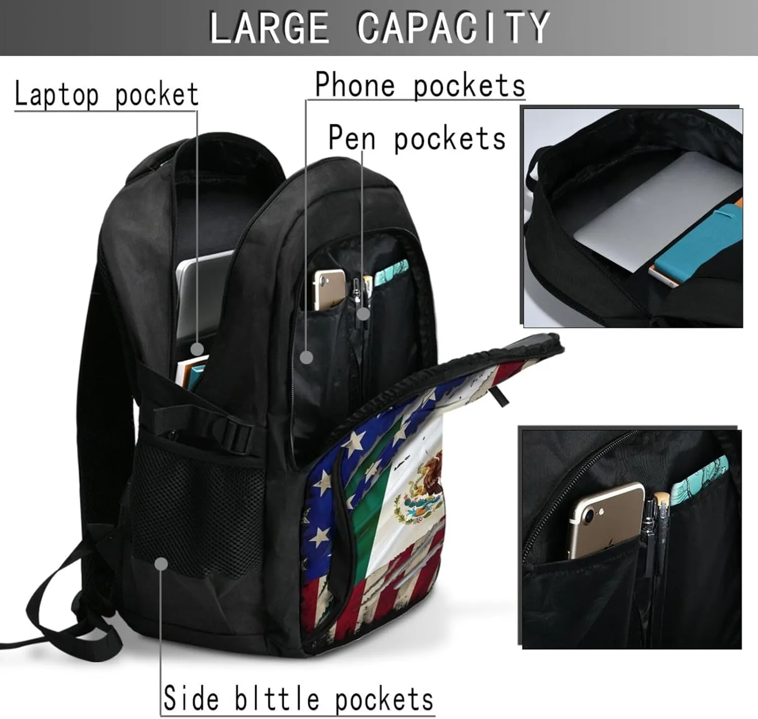 Proud Mexican American Flag Mexican Roots Casual Travel Backpacks Hiking Camping Backpack Large Outdoor Sport Daypack Laptop Rucksack Climbing Working Bags with USB Port