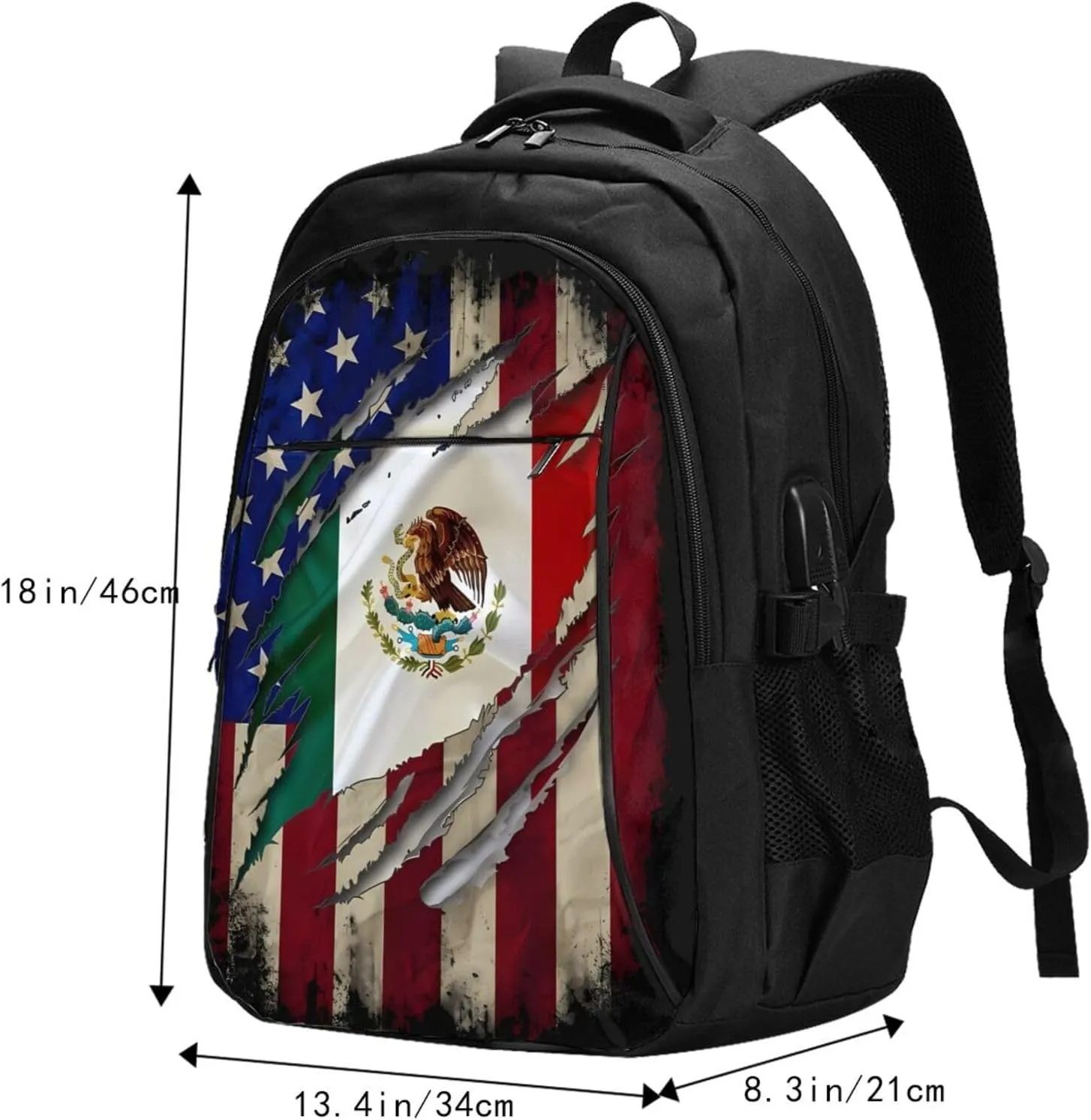 Proud Mexican American Flag Mexican Roots Casual Travel Backpacks Hiking Camping Backpack Large Outdoor Sport Daypack Laptop Rucksack Climbing Working Bags with USB Port