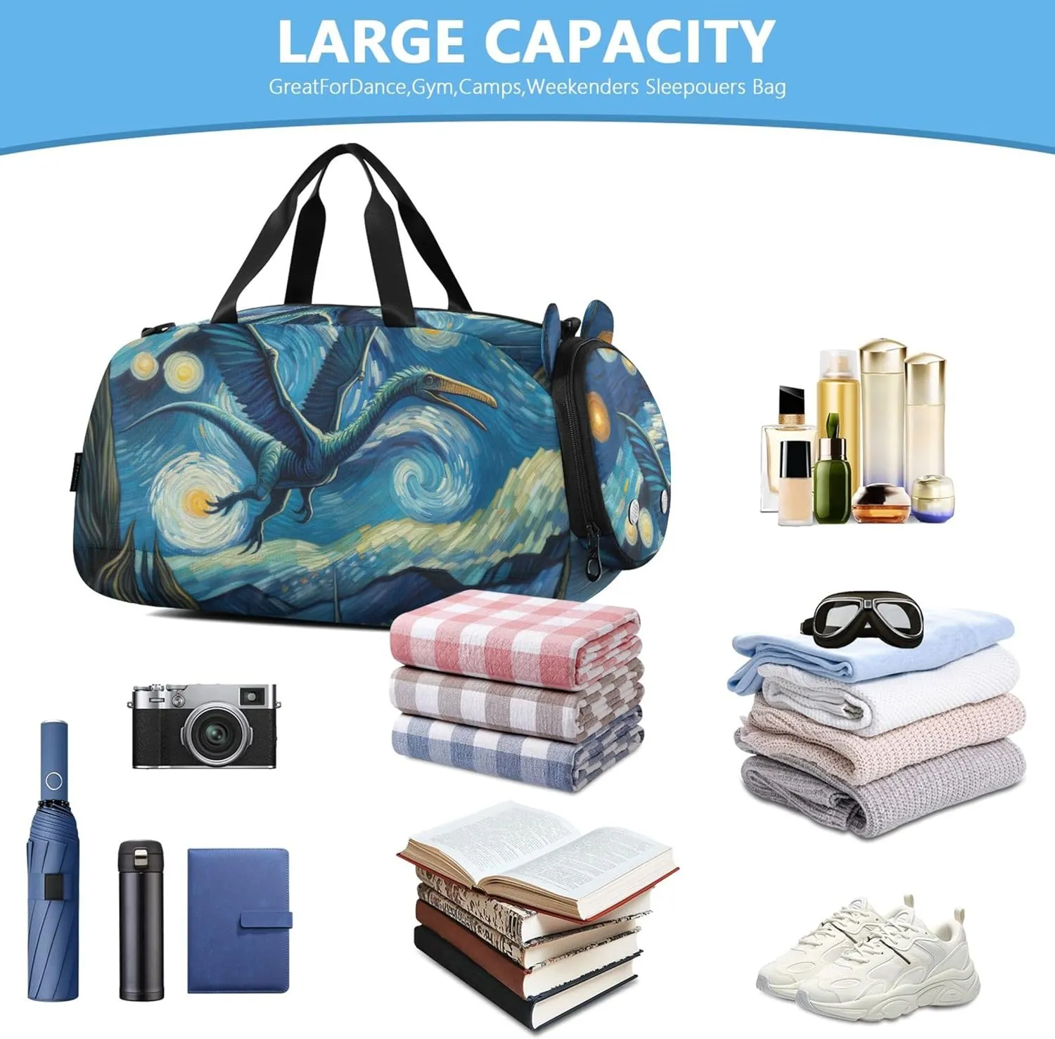 Pterosaur Starry Sky Travel Duffle Bags Girls Tote Weekend Duffel Overnight Dance Duffle Bag Boys Carry on Duffel Bag