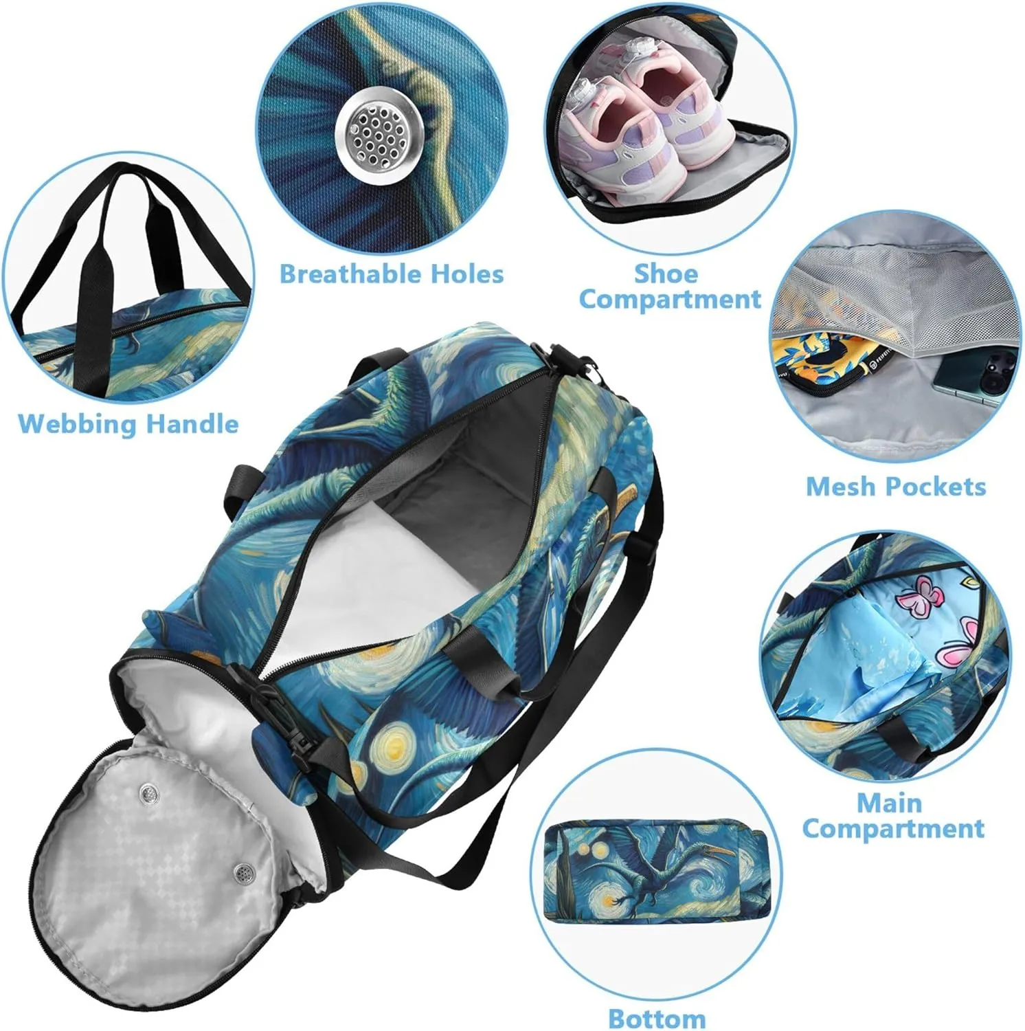 Pterosaur Starry Sky Travel Duffle Bags Girls Tote Weekend Duffel Overnight Dance Duffle Bag Boys Carry on Duffel Bag