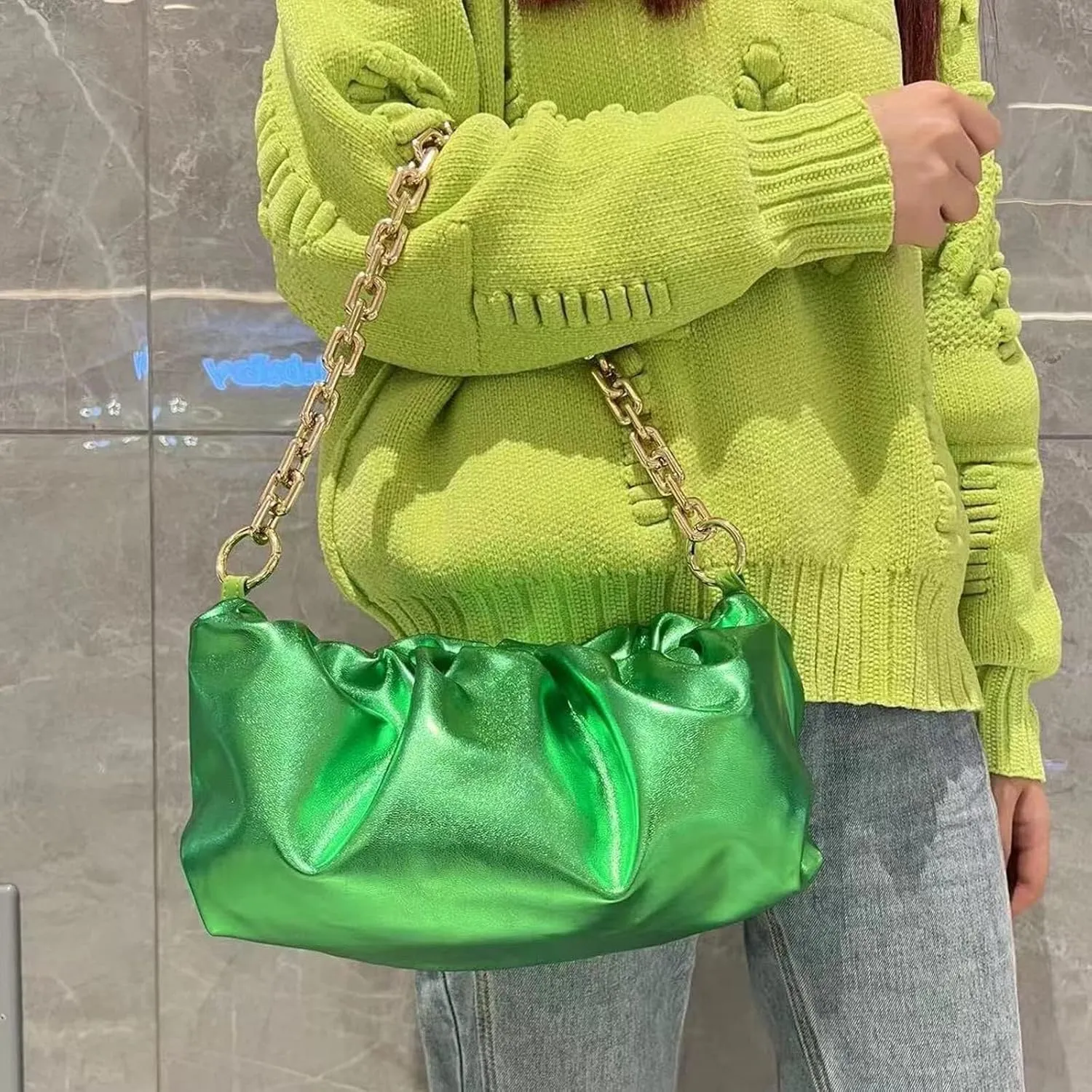 PU Dumpling Bags Chunky Clutch Purses Detachable Shoulder Strap Evening Handbags Women‘s Cloud-shape Metallic