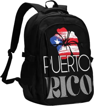 Puerto Rican Amapola Boricua Flag Casual Travel Backpacks Hiking Camping Backpack Large Outdoor Sport Daypack Laptop Rucksack Climbing Working Bags with USB Port