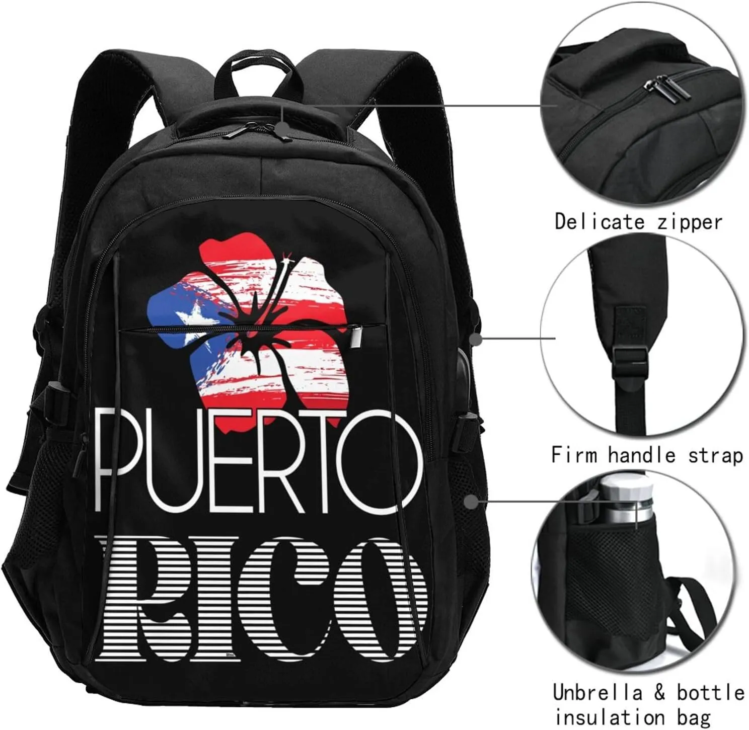 Puerto Rican Amapola Boricua Flag Casual Travel Backpacks Hiking Camping Backpack Large Outdoor Sport Daypack Laptop Rucksack Climbing Working Bags with USB Port