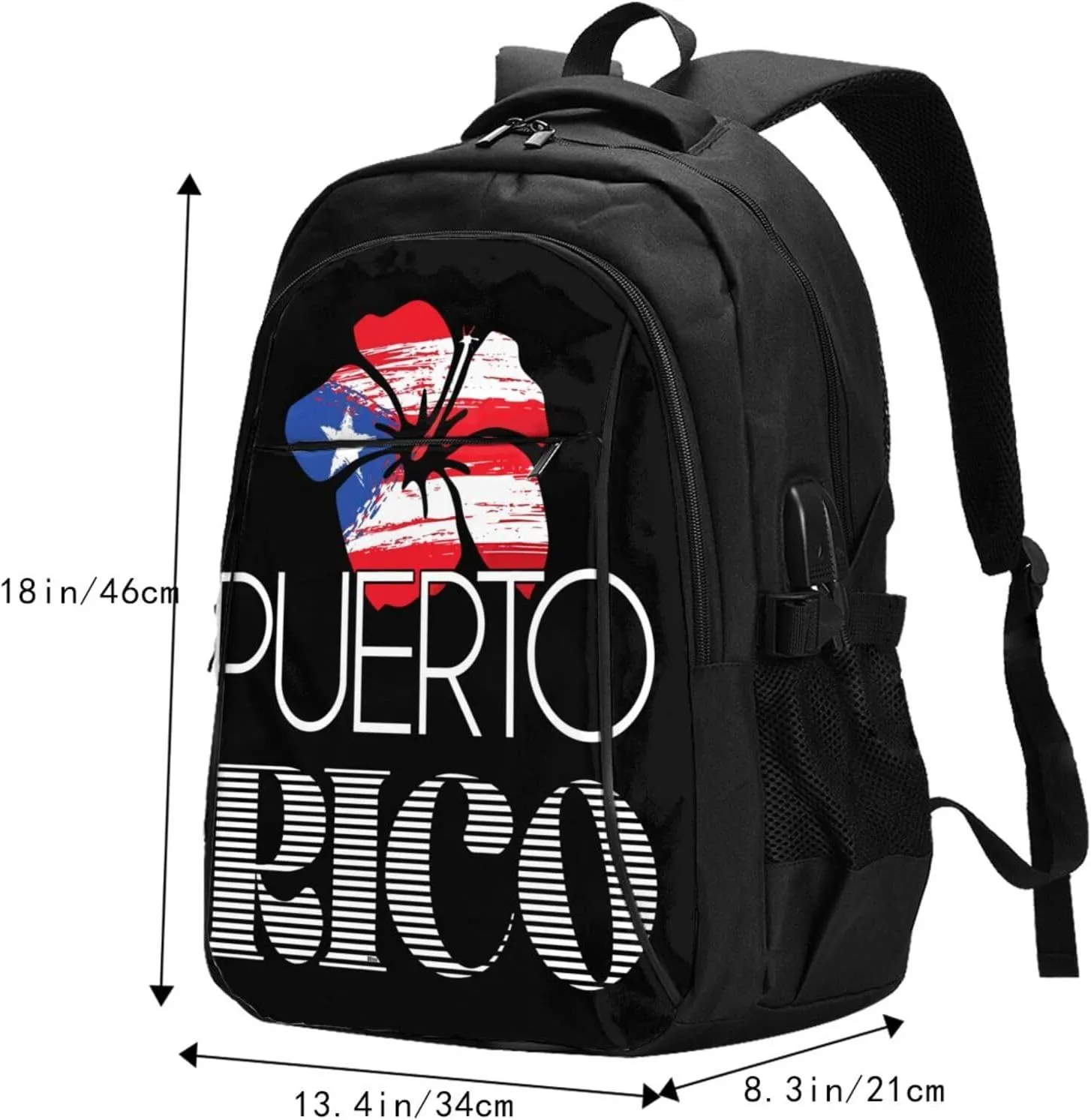 Puerto Rican Amapola Boricua Flag Casual Travel Backpacks Hiking Camping Backpack Large Outdoor Sport Daypack Laptop Rucksack Climbing Working Bags with USB Port