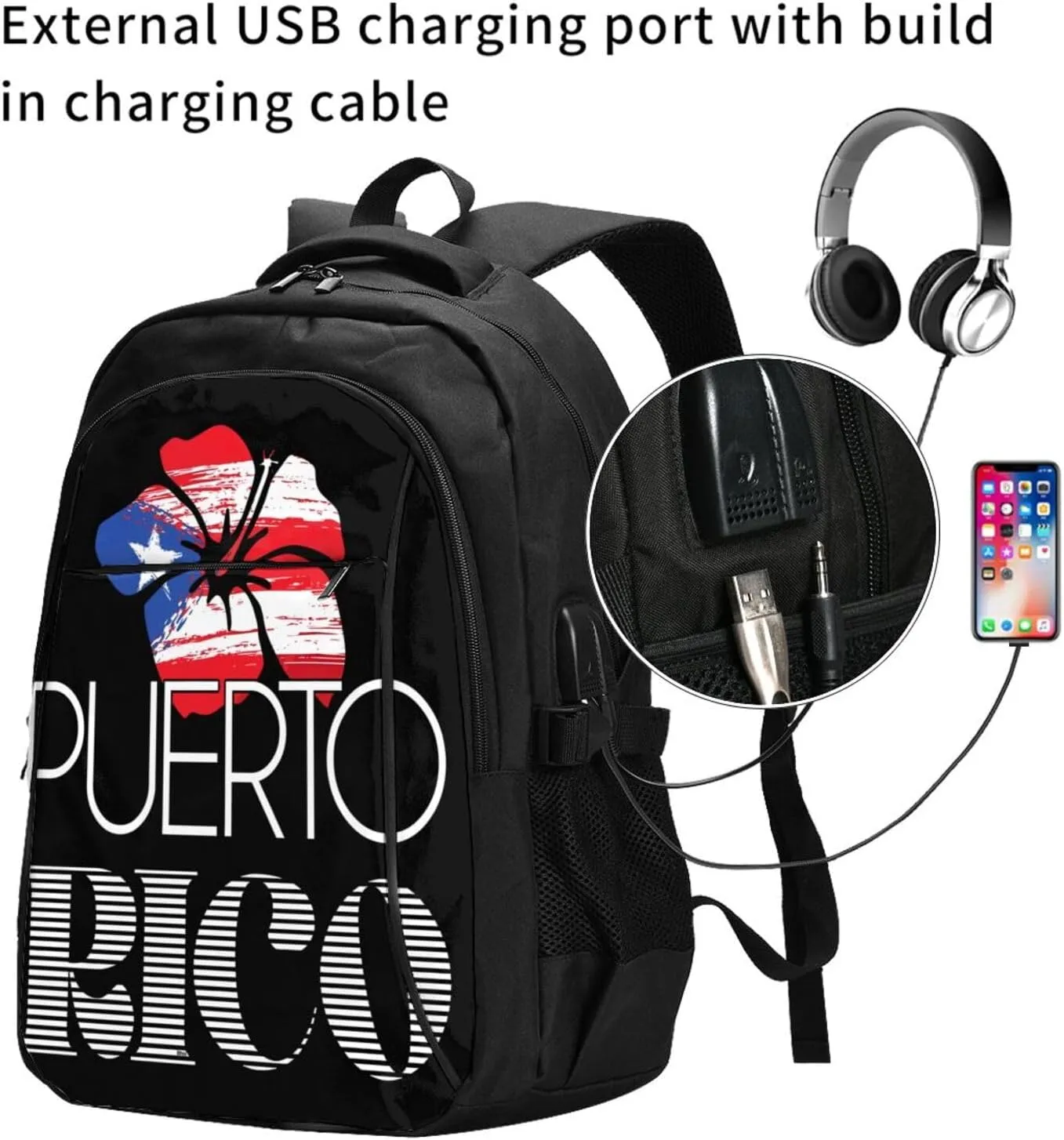 Puerto Rican Amapola Boricua Flag Casual Travel Backpacks Hiking Camping Backpack Large Outdoor Sport Daypack Laptop Rucksack Climbing Working Bags with USB Port