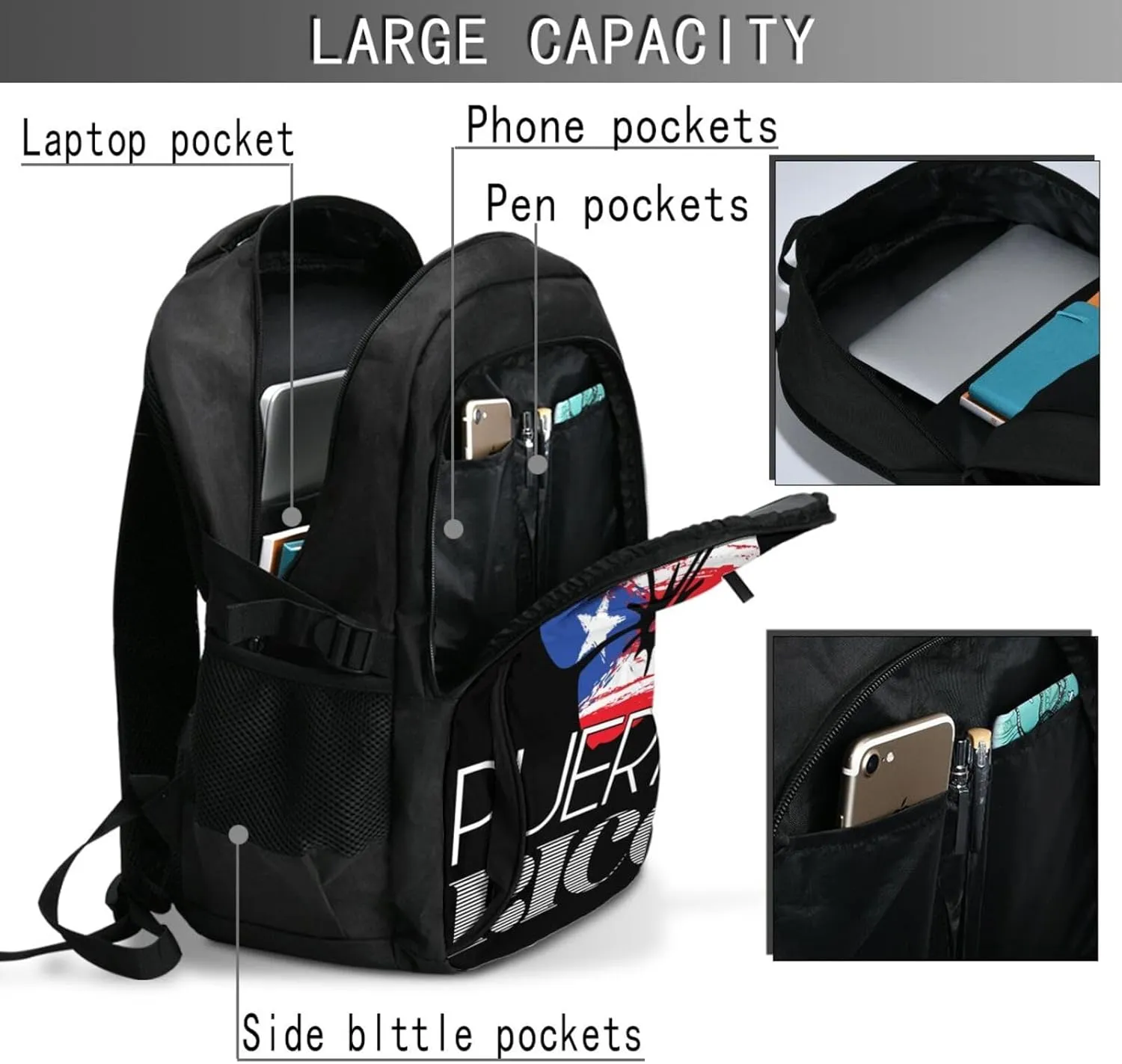Puerto Rican Amapola Boricua Flag Casual Travel Backpacks Hiking Camping Backpack Large Outdoor Sport Daypack Laptop Rucksack Climbing Working Bags with USB Port